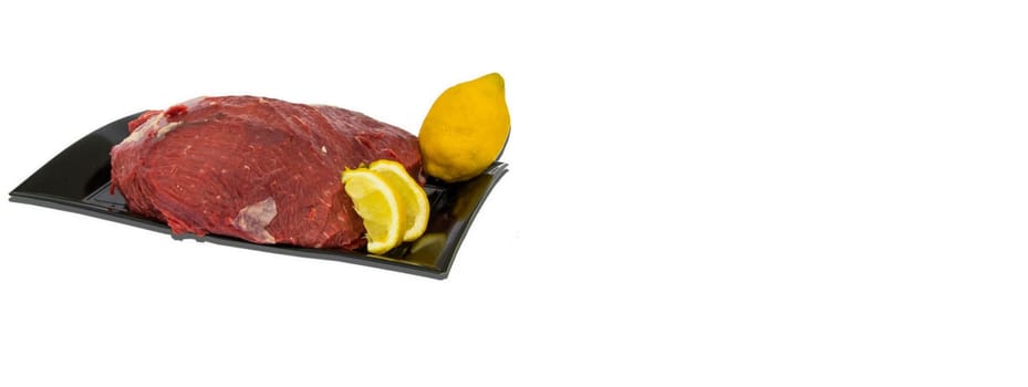 Raw meat dish white background, banner image with copy space