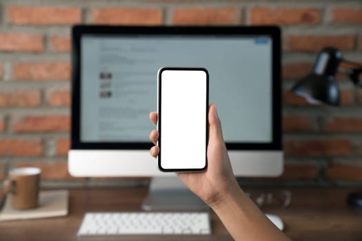 hand showing phone white screen space for app design