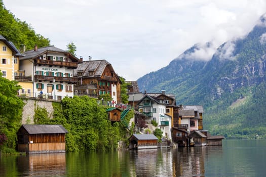 view of famous Hallstatt mountain village with Hallstatter lake See