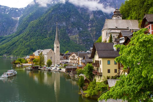 view of famous Hallstatt mountain village with Hallstatter lake See