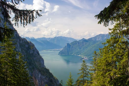 Traunsee lake with alps mountain and city Traunkirchen from hill Kleiner Schonberg. Austria landscape. Upper Austria, Austria