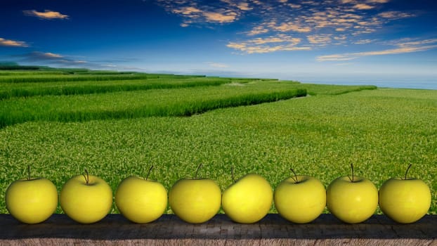 The 3d rendering of Ripe Apples In Wooden plate with nice background