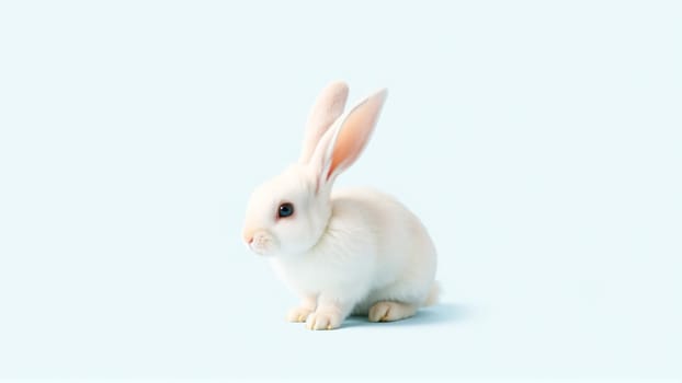 Cute white rabbit on isolated blue background. High quality photo