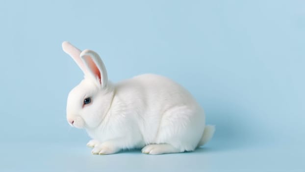 Cute white rabbit on isolated blue background. High quality photo