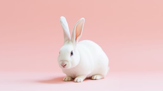 Cute white rabbit on isolated pink background. High quality photo