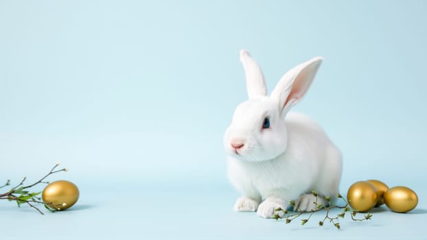 White fluffy rabbit sits on blue isolated background among traditional eggs symbolizing the holiday. High quality photo