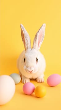 White fluffy rabbit sits on yellow isolated background among colorful eggs. High quality photo