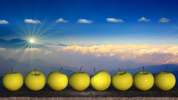 The 3d rendering of Ripe Apples In Wooden plate with nice background