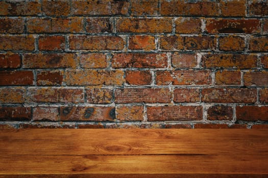 The background is blank wooden boards and a textured brick wall with lighting and vignetting. For product demonstrations, free space, layout, mockup, perspective board, background board.