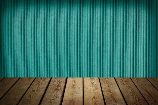 The background is blank wooden boards and a textured striped wall with gradient lighting and vignetting. For product demonstrations, free space, layout, mockup, perspective board, background board.