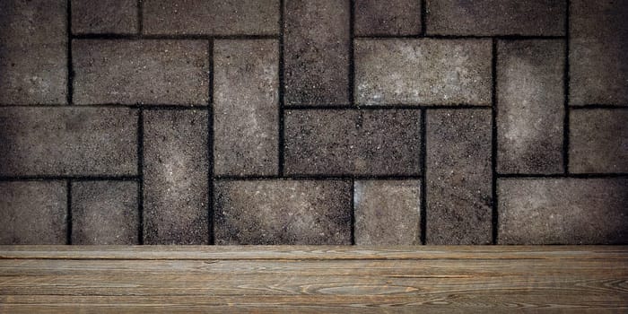 The background is blank wooden boards and a textured brick wall with lighting and vignetting. For product demonstrations, free space, layout, mockup, perspective board, background board.