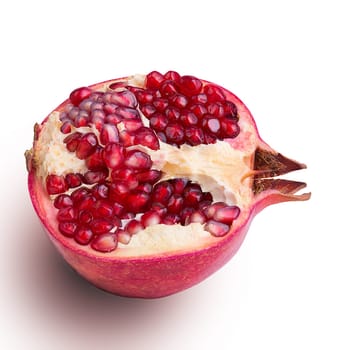 Garnet isolated part on a white background close-up with shadow. Fresh pomegranate. Juicy pomegranate. Delicious pomegranate. Place for advertising, logo, lettering, layout, mockup.