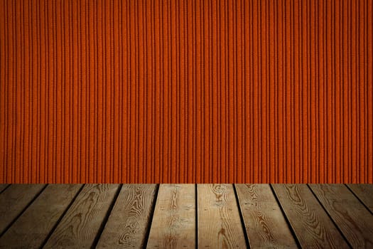 The background is blank wooden boards and a textured striped wall with gradient lighting and vignetting. For product demonstrations, free space, layout, mockup, perspective board, background board.