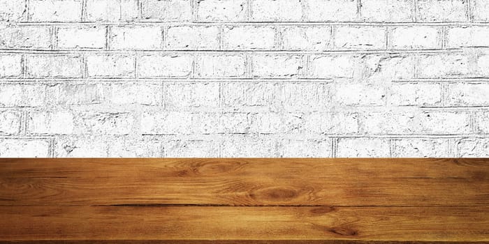 The background is blank wooden boards and a textured brick wall with lighting and vignetting. For product demonstrations, free space, layout, mockup, perspective board, background board.