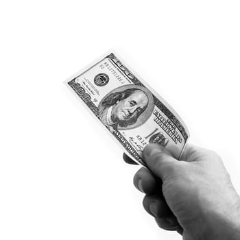 A hundred-dollar bill in his hand on a white background. Isolated. Black and white style. One hundred American dollars bill. One bill is dollars. The hand holds out the dollars. Place for logo, lettering, layout, layout.
