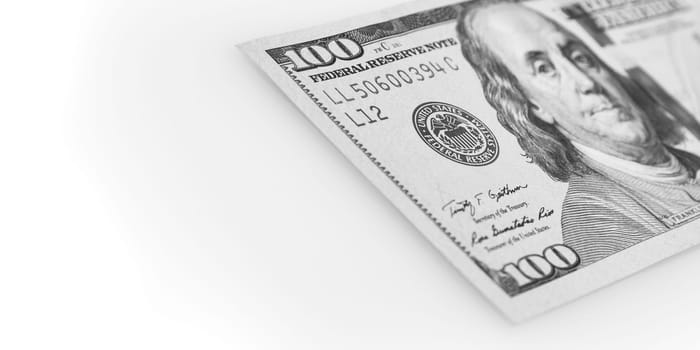 A hundred-dollar bill on a white background. The one hundred North American dollars bill is not fully positioned diagonally. Selective focus on a portion of the 100 bill. Black and white style. Place for logo, lettering, layout, layout.