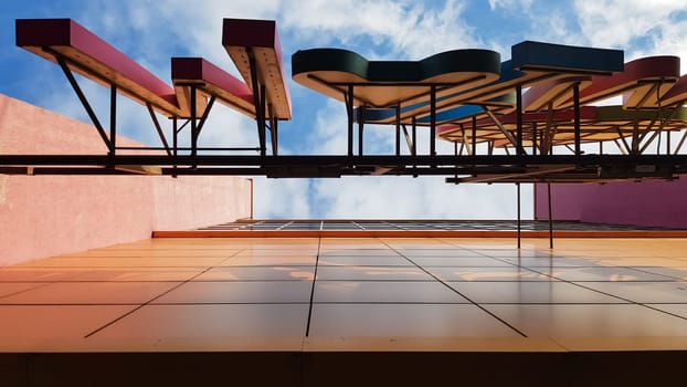letters on the building. Bottom view of a store sign. Modern architecture.