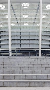 Stadium construction - NSC Olimpiyskiy in Kiev. Structural elements of the stadium with perforated facades. Ukraine, Kiev - October 18, 2020