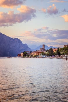 Landscape in Italy: Sunset at lago di garda, Malcesine: Lake, Clouds and village