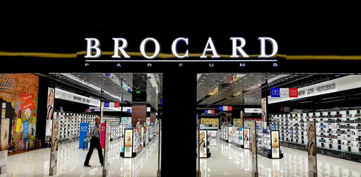 Kiev, Ukraine - September 04, 2019: Entrance to the Brocard cosmetics and perfumery shop in Kiev. Brocard - the largest operator of the elite perfumery and cosmetic market of Ukraine.