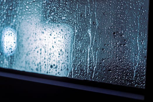 Close up of rain drops on the window in rainy night, cool lights and window frame