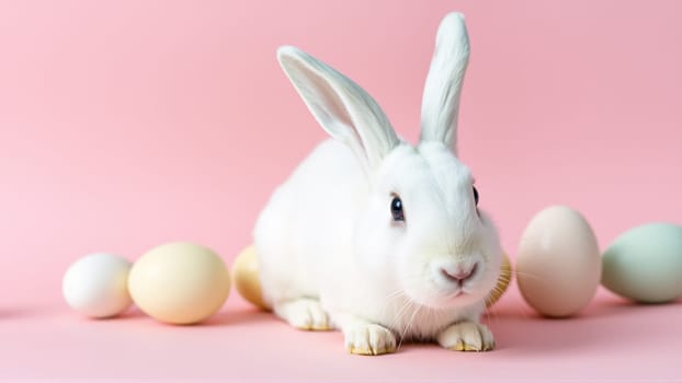 White fluffy rabbit sits on pink isolated background among colorful eggs. High quality photo