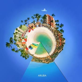 View of Palm Beach on the Caribbean island of Aruba. Many hotels, resorts and Spa located on Palm Beach. Creative contemporary collage