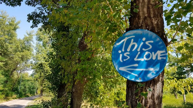 The inscription in the woods on the signpost is love.