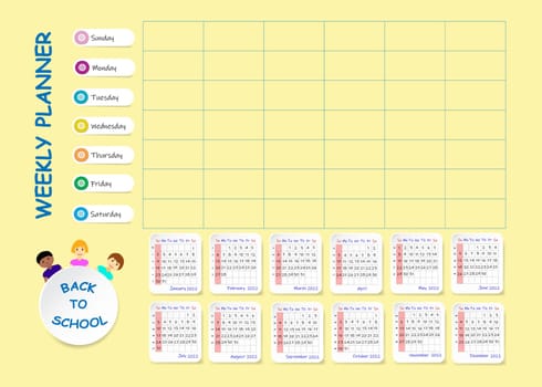 Back to school  weekly planner with clear calendar for 2022 year. Week starts on Sunday.