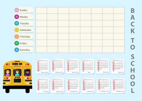 School weekly planner showing clear calendar for 2022 year and school bus carrying children of different races and genders