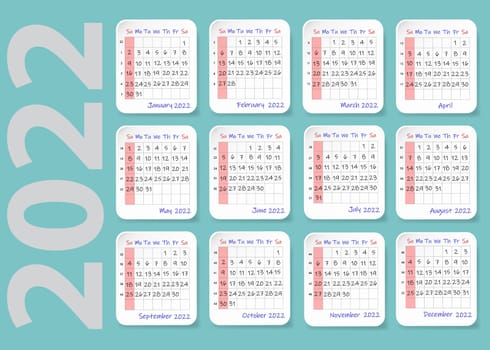 Wall calendar for 2022 year on the green background.