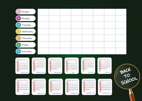 School weekly planner showing clear calendar for 2022 year. Week starts on Sunday. All is on the green chalkboard background.