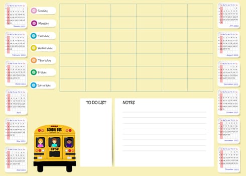 School weekly planner showing clear calendar for 2022 year and blank sheet for notes. Week starts on Sunsay. All on the yellow background.