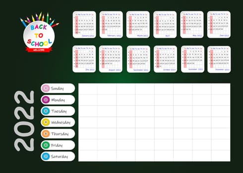 School weekly planner showing clear calendar for 2022 year. Week starts on Sunday. All is on the green chalkboard background.