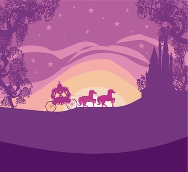 Silhouette of a horse carriage and a medieval castle