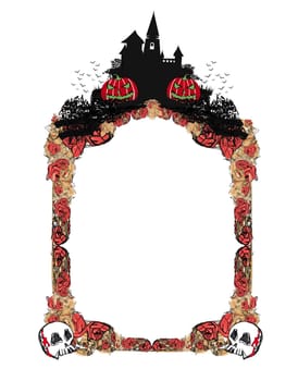 Halloween night frame - roses, skulls and a haunted castle