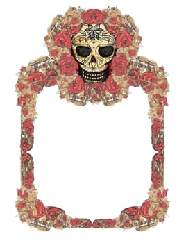 Skull and Flowers - Day of The Dead, art frame with roses