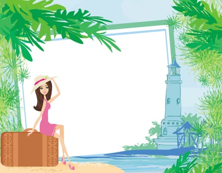 tourism on a tropical vacation - frame with a beautiful girl and a lighthouse