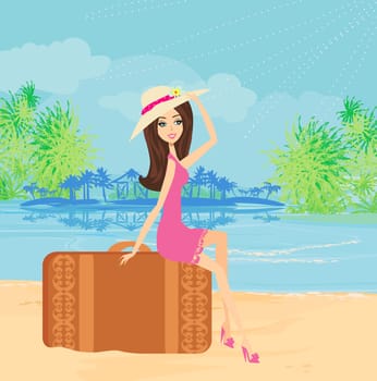 beautiful elegant girl tourist on exotic beach