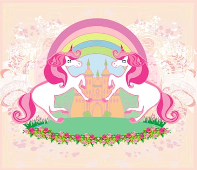 Beautiful fairytale castle and cute unicorns card