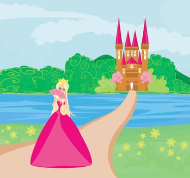 Beautiful queen in front of her castle