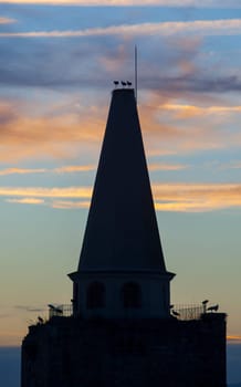 Galisteo, beautiful walled town from Alagon Valley. Storks perched over La Picota tower at dusk. Extremadura, Spain