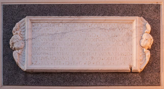 Marble plaque erected by Manrique de Lara in 1546. Garcia Fernandez Manrique de Lara y Toledo, count of Osorno and first Duke of Galisteo. Galisteo, Spain