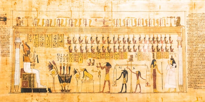 TURIN, ITALY - CIRCA MAY 2021: ancient Egyptian papyrus with hieroglyphic funerary text. Circa 1550 BC antique manuscript.