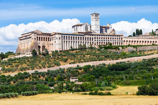 Assisi village in Umbria region, Italy. The most important Italian St. Francis Basilica (Basilica di San Francesco)