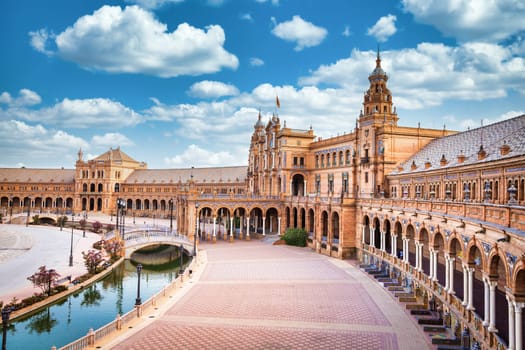 Spain, Seville. Spain Square, a landmark example of the Renaissance Revival style in Spanish architecture