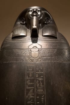 TURIN, ITALY - CIRCA MAY 2021: Egyptian sarchopagus with carved surface and hieroglyphic, 525 B.C.