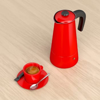 Moka pot and a cup of fresh prepared hot coffee