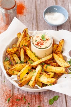 Homemade French fries, potato weddges with garlic dip