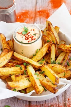 Homemade French fries, potato weddges with garlic dip